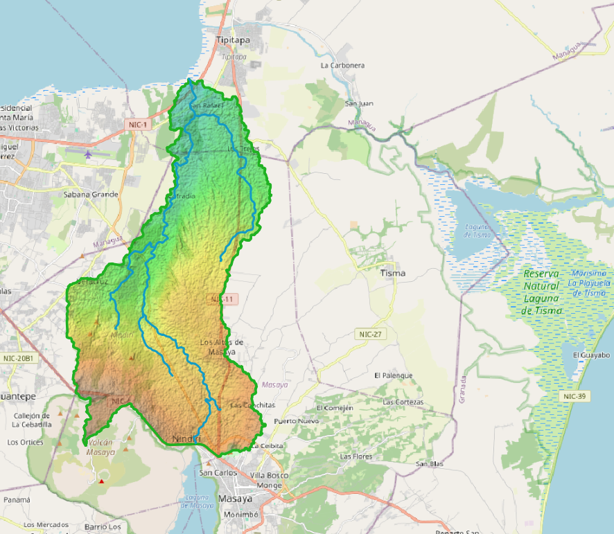 Mapa de análisis hidrológico urbano mostrando áreas de drenaje y control pluvial en una región específica.